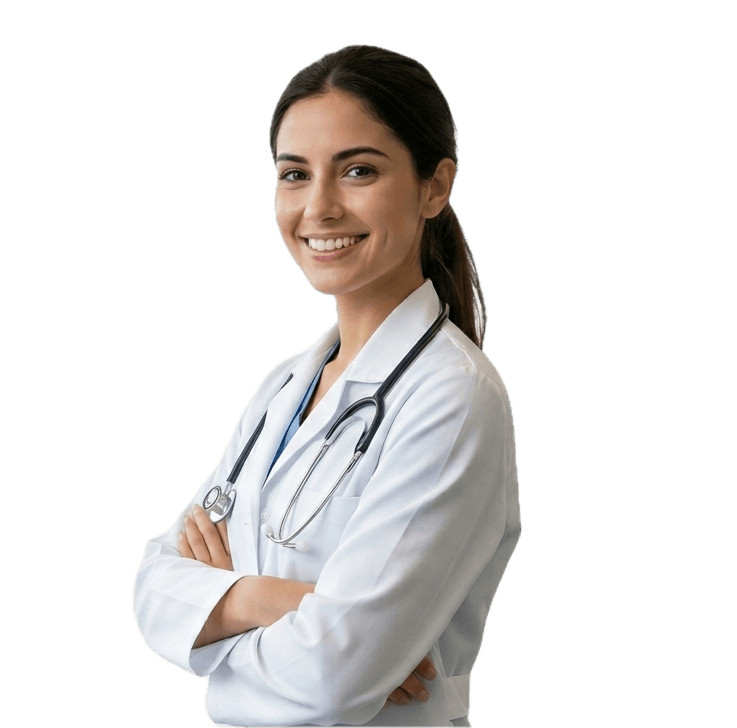 Médica con bata blanca y fonendoscopio